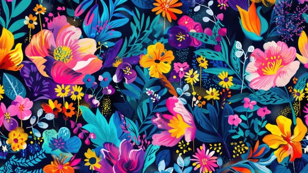 An artistic representation of plants and flowers on a vibrant electric blue background, showcasing a blend of magenta petals and green leaves creating a mesmerizing natural landscape AIG50