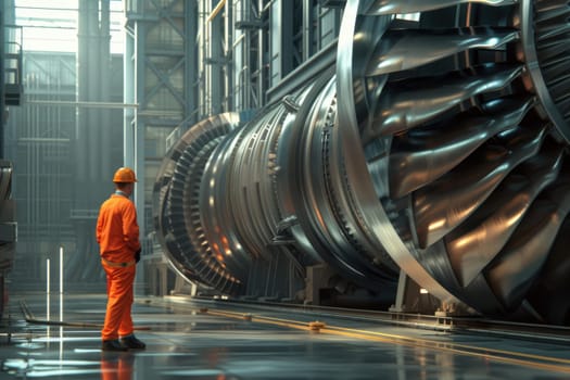 Smart engineer checking iron machine in factory while wearing safety helmet. Professional industrial worker repairing or examining machinery part or turbine machine while holding chart form. AIG42.