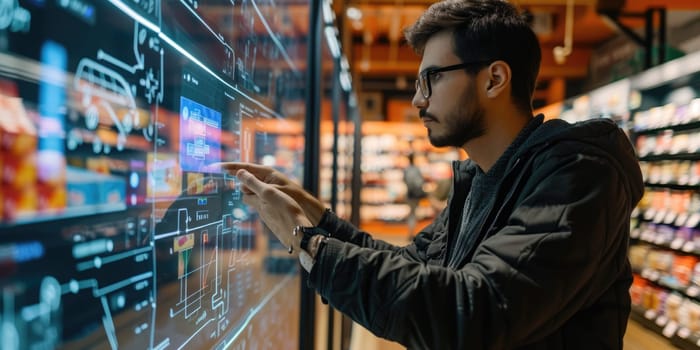Skilled people using VR headset to connect in metaverse shopping mall and choosing product. Smart people walking in simulated shopping center while using visual reality goggles. Innovation. AIG42.