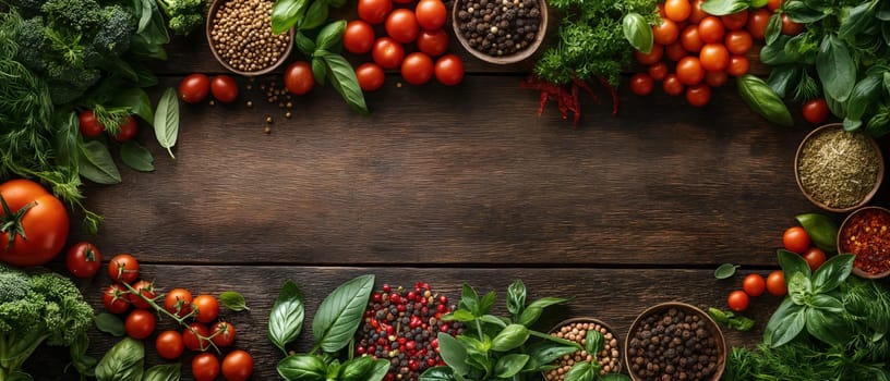 Wooden table covered with assorted fresh vegetables.