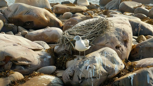 A seabird with a sharp beak, part of the Charadriiformes order, is perched on a rock nest made of natural materials on the bedrock soil landscape AIG50