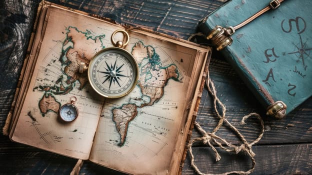A wooden table displays an open book with a map, compass, and intricate circle pattern on the cover. The font, painting, and metal artifact add to the art facade AIG50