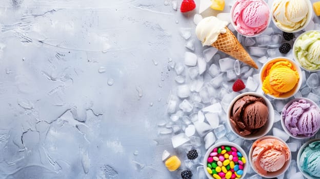 Various types of ice cream and berries displayed on an electric blue background, creating an artistic and refreshing scene reminiscent of summer fun AIG50
