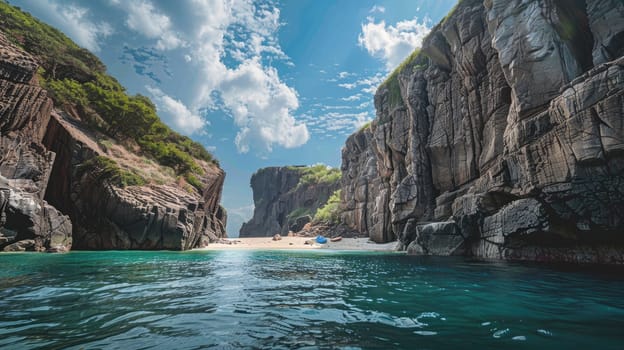 A boat navigates through a canyon alongside a tranquil body of water, surrounded by towering bedrock and a picturesque natural landscape AIG50