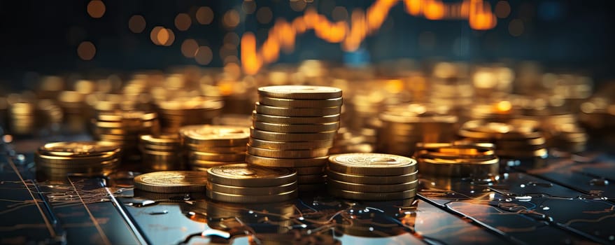 A pile of gold coins resting on a wooden table.