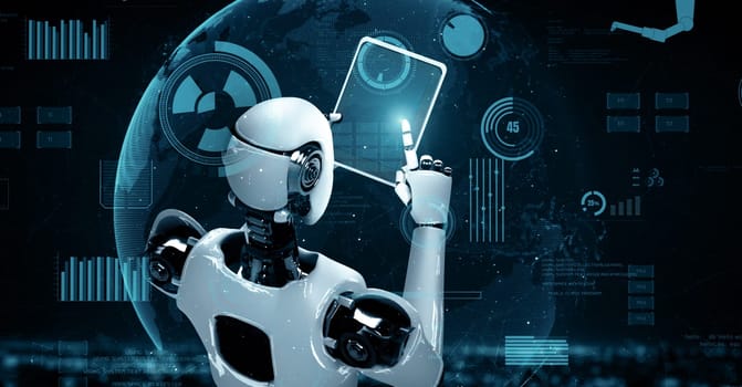 MLP 3d illustration Futuristic robot artificial intelligence huminoid AI for industrial factory technology development and machine learning concept. robotic bionic science research for future of human life. 3D rendering.
