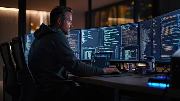 Side view of professional software developer coding program or engineering prompt. Skilled programmer typing computer and laptop while developing system with blurring background. Technology. AIG42.
