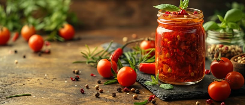 Jar of tomato sauce placed amidst fresh tomatoes and herbs.