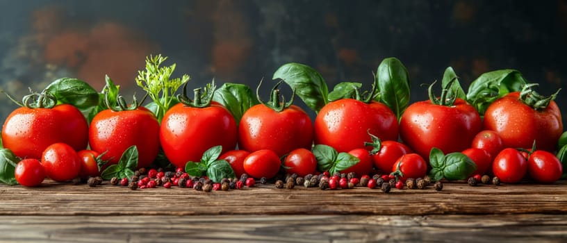 Multiple ripe red tomatoes arranged neatly on a wooden table.