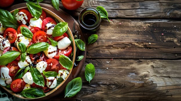 A fresh salad made with tomatoes, mozzarella, basil, and balsamic vinegar, served in a bowl on a wooden table AIG50
