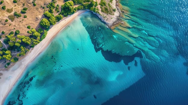 Capturing the mesmerizing patterns of waves crashing on a beach from an aerial view using macro photography, showcasing shades of electric blue against the sandy shore AIG50