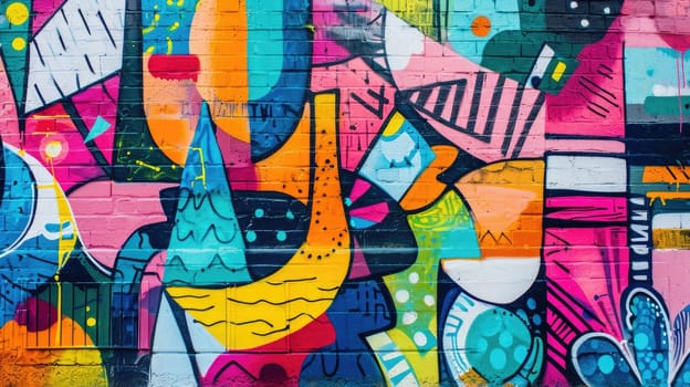 A striking graffiti mural captures the essence of urban art with a bold depiction of colorful, stylized eyes on a city wall. Resplendent.