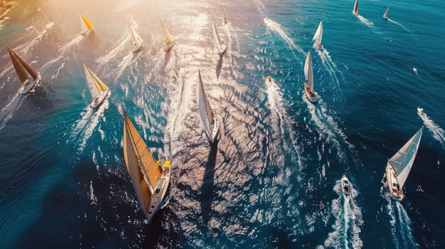 A group of sailboats is peacefully floating on the calm water, creating a picturesque scene of adventure and recreation. The electric blue sky above adds to the beauty of the event AIG50