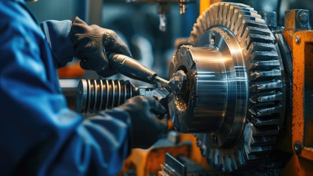 Smart engineer checking iron machine in factory while wearing safety helmet. Professional industrial worker repairing or examining machinery part or turbine machine while holding chart form. AIG42.