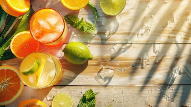 Various types of citrus fruits, in shades of yellow and green, are displayed on the table. A lively display of natures colors and flavors AIG50