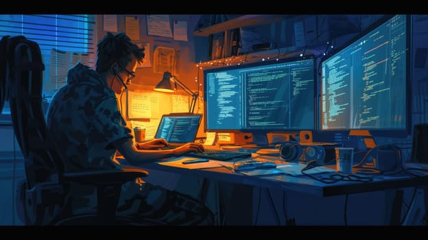 Attractive professional software developer coding program or engineering prompt. Skilled programmer typing computer and laptop while developing system with blurring background. Technology. AIG42.