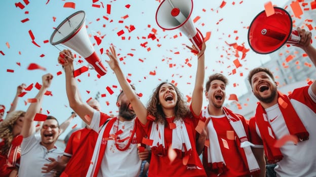 A cheerful group of individuals wearing red shirts are celebrating with confetti and a megaphone, bringing fun and entertainment to the event, while holding a membranophone and smiling in joy. AIG41
