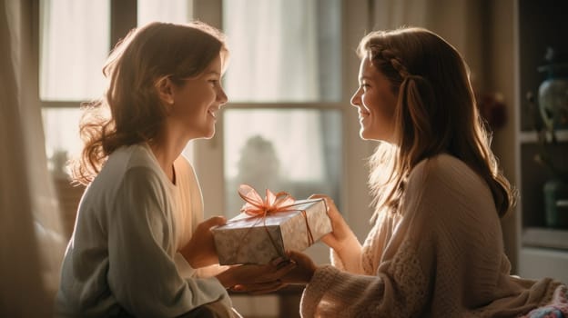 A photo of a young woman giving a gift to her mother AIG51A.