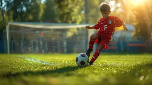 Portrait of children running and playing football at football field. Attractive energetic boy wearing sportswear while preparing for powerful kick at soccer field. Skilled kid playing soccer. AIG42.