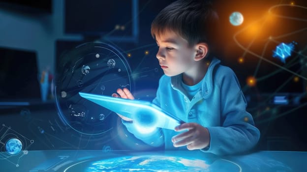 A young child is immersed in learning, exploring a virtual globe with an interactive display that illuminates the wonders of the world. AIG41