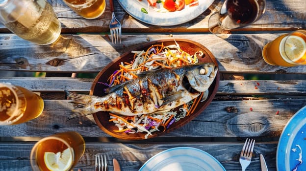 A rectangular wooden cutting board topped with grilled fish and lemon slices, beautifully displayed on a wooden table AIG50