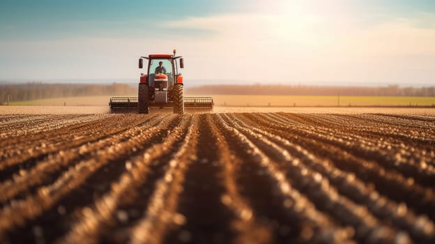 A modern tractor plows through an expansive agricultural field, preparing the soil for a new planting season under a clear sky. AIG41