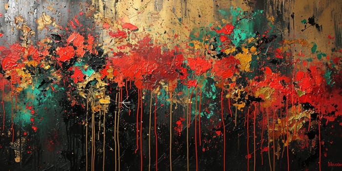 The abstract picture of the gold, red and green colour that has been painted or splashed on the white blank background wallpaper to form the random shape that cannot be describe yet beautiful. AIGX01.