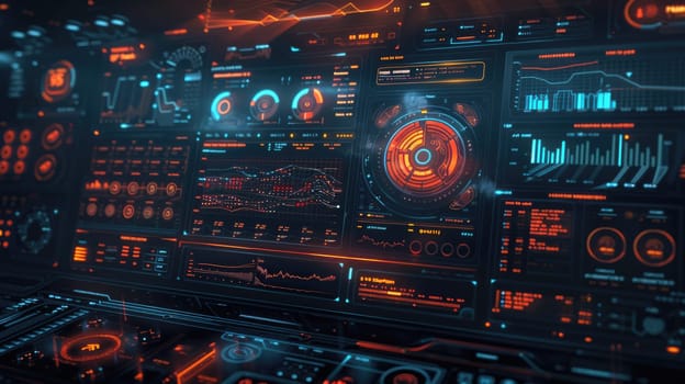 A highly detailed futuristic spaceship control panel with glowing orange and blue lights. AIG51A.
