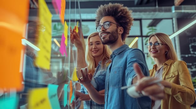 A diverse team of professionals joyfully collaborates using sticky notes on a glass wall in a vibrant, modern office. AIG41