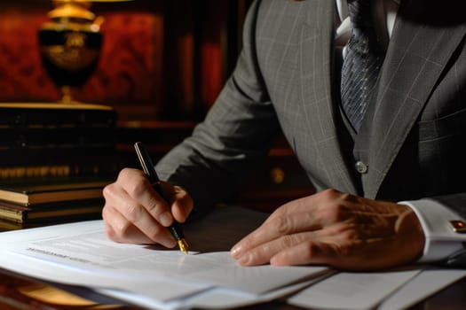Close up of smart business people hands writing a paper about financial plan. Professional project manager planning marketing strategy while taking a note at meeting table. Business concept. AIG42.