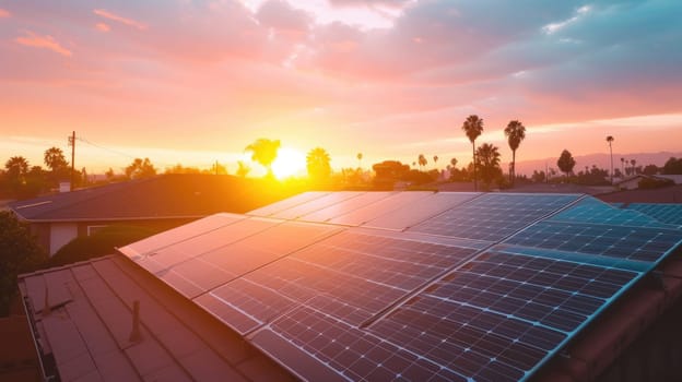 The sun sets behind a residential area equipped with solar panels, highlighting sustainable energy solutions in a suburban setting. AIG41