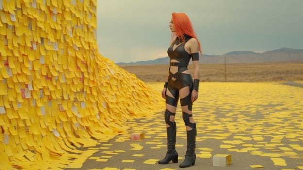 A woman in a black leather outfit standing in front of a large wall made of yellow sticky notes. AIG51A.