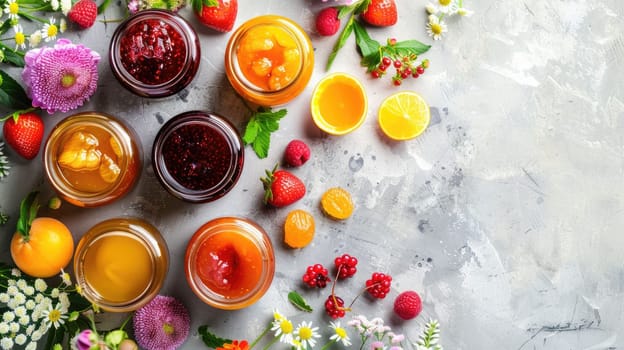The table is adorned with a variety of colorful fruits and flowers, creating an artistic display of vibrant shades and sweet aromas AIG50