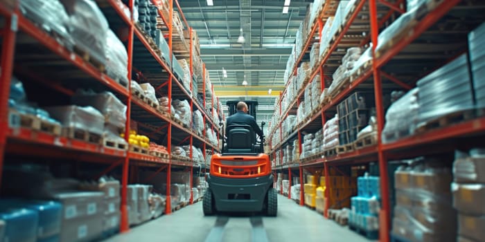 Smart warehouse worker or operator driving forklift and lifted product surrounded with box at storage. Professional engineer working in ware house while using machine carry or transport box. AIG42.
