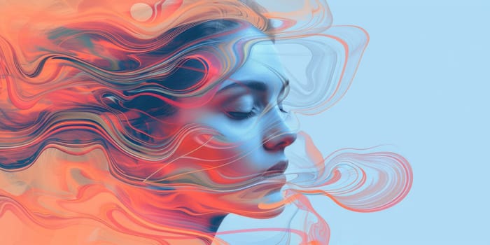 Portrait of relaxing young beautiful woman drawing and painting with watercolor and ink. Abstract modern art of female or girl face blending and drafting with color pencil. Famine and beauty. AIG42.