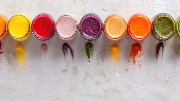 A row of glass jars filled with different colored liquids, such as magenta, on a table, featuring a stylish fashion accessory with plant petal motifs AIG50