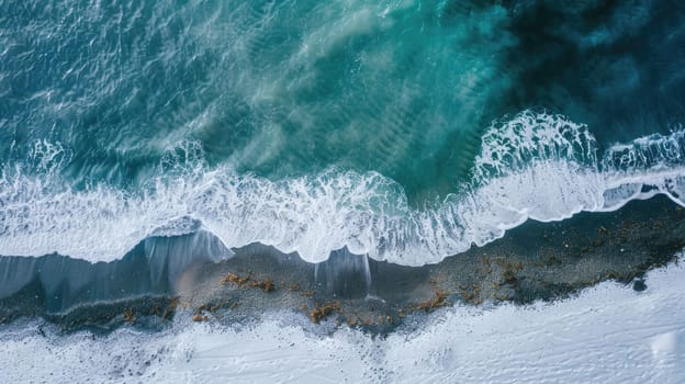 An aerial perspective of a frozen snowy cliff meeting the azure waters of the ocean, showcasing the beauty of this natural geological phenomenon AIG50