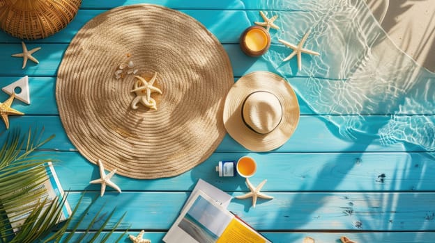 Aqua picnic blanket with an azure round table surrounded by green pillows and a magenta patterned circle. An artistic and electric blue design for a cozy outdoor gathering with a touch of nature AIG50