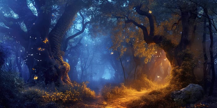 An enchanted forest with magical creatures, glowing plants, ancient trees, a hidden fairy village, mystical ambiance. Resplendent.