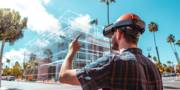 Professional architect designing building construction by using visual reality goggles. Skilled civil engineer or interior designer wearing VR headset or glasses while planning house structure. AIG42.