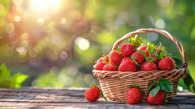 A close-up image of a wicker basket filled with fresh, ripe strawberries sitting on a wooden table outdoors in the sunshine. AIG51A.