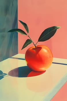 A depiction of a ripe apple with green leaves resting on a wooden table. This seedless fruit is a staple food and natural produce that is rich in nutrients