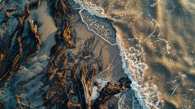 A breathtaking aerial view of waves crashing on a sandy beach, creating a beautiful water and rock landscape art in the world AIG50