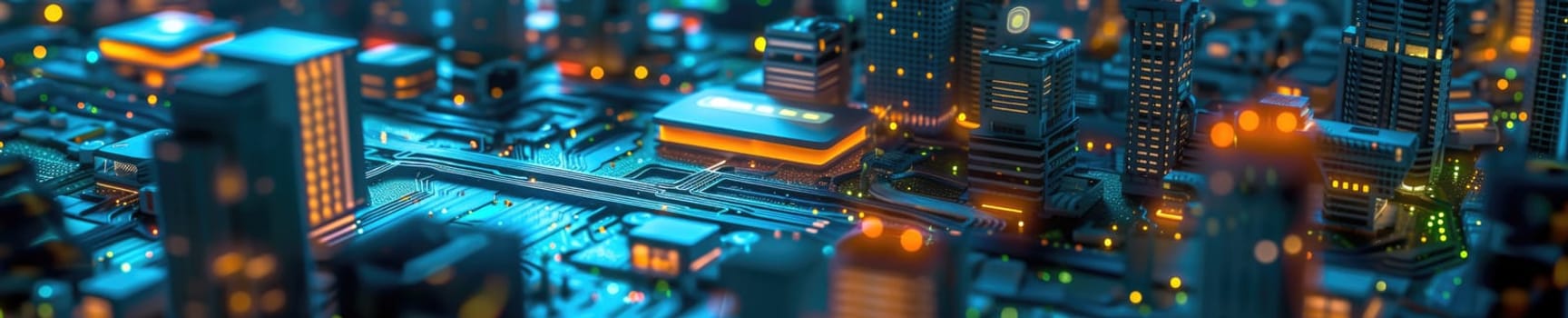 A conceptual visualization of a smart city with glowing structures on a digital circuit board, symbolizing urban technology integration concept. AIG41