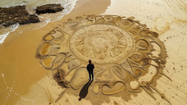 A breathtaking landscape portrayed in a stunning artwork depicting a person on a sandy beach next to the ocean, captured in exquisite detail and depth using wood as the medium AIG50