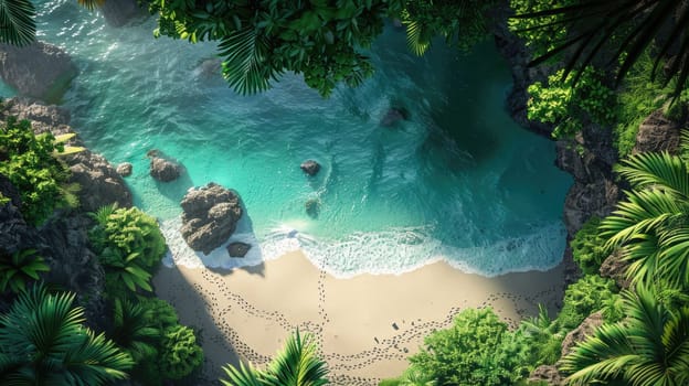 A natural landscape with a beach, trees, and water forming a serene view from above, showcasing the beauty of nature and fluvial landforms AIG50