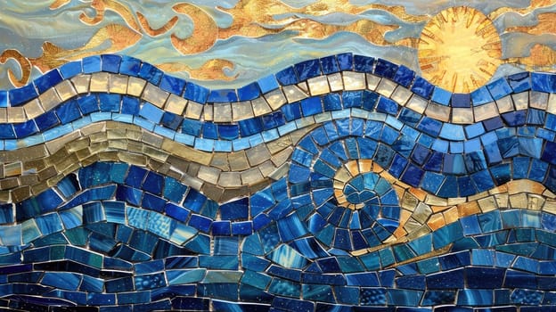 An artistic representation of azure and gold waves in the ocean, inspired by the natural landscape of an Ecoregion with mountainous landforms AIG50