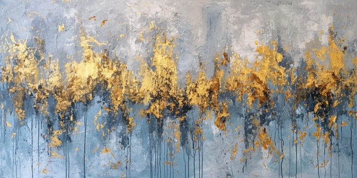 The abstract picture of the gold, blue and black colour that has been painted or splashed on the white blank background wallpaper to form random shape that cannot be describe yet beautiful. AIGX01.