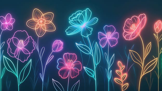 Minimalist neon line art of flower with vibrant and various color and blue background. Each line, glowing with an ethereal luminosity, conveys the essence of petals, stems, and leaves. AIG42.
