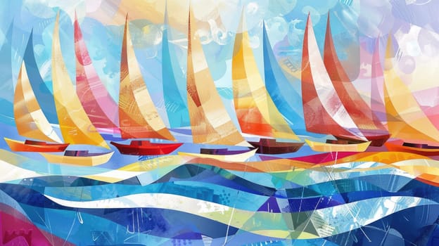 A vibrant painting depicting three sailboats floating gracefully on the ocean, captured in beautiful watercolor illustration AIG50